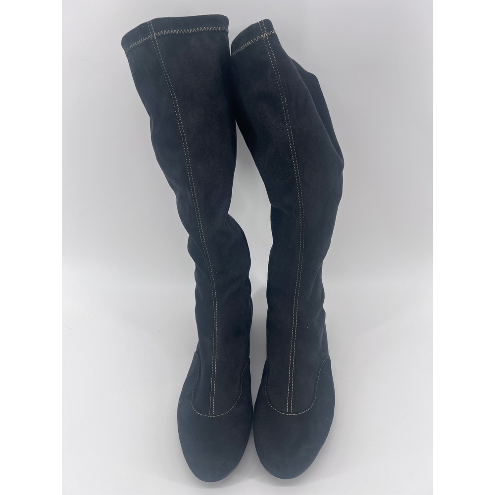 Boden Black Suede Tall Stretch Boots Flat Pull On Size 40 - Picture 2 of 7